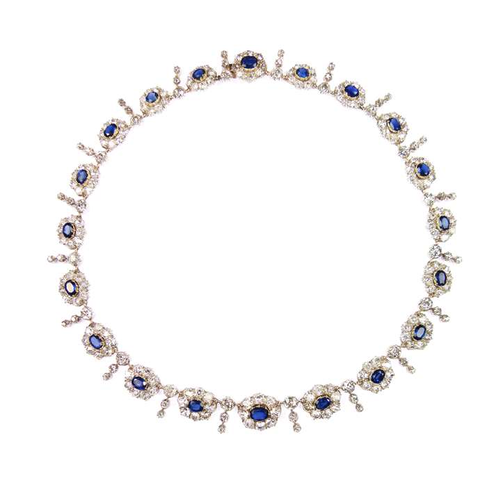 19th century sapphire and diamond graduated cluster necklace